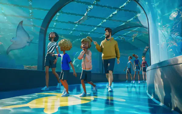 Planet Zoo 2 4K Ultra HD PC desktop wallpaper of a family exploring an aquarium underwater tunnel with sharks and rays.