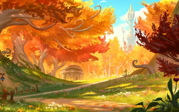 World of Warcraft: Midnight autumn forest with golden trees and a distant city, 4K Ultra HD PC desktop wallpaper and background.