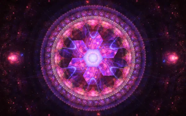 Vibrant purple fractal mandala glowing in a starry space scene, 4K Ultra HD PC desktop wallpaper and background.