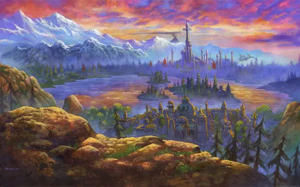 World of Warcraft fantasy mountain landscape with a distant castle beneath a vibrant sunset, HD PC desktop wallpaper and background.