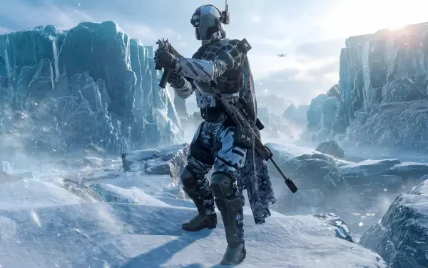 Helldivers 2 soldier with rifle on a frozen, snow-covered battlefield, 5K Ultra HD PC desktop wallpaper.
