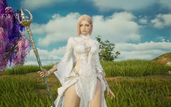Aion 2 HD PC desktop wallpaper featuring a woman in white holding a magical staff in a grassy field.