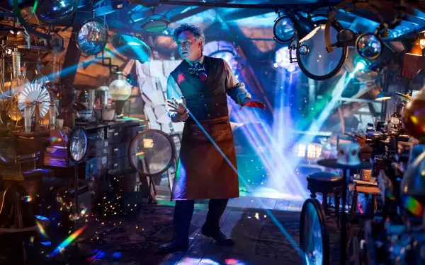 Steampunk scientist in a glowing laboratory, inspired by The Chronicles of Narnia: The Magician’s Nephew, 5K Ultra HD desktop wallpaper.