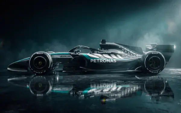 Mercedes-AMG F1 W17 Formula One race car reflected on a wet track, featured in a 5K Ultra HD PC desktop wallpaper and background.