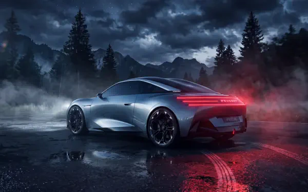 Peugeot RCZ Vision luxury sports car on a misty mountain road at night, 5K Ultra HD desktop wallpaper