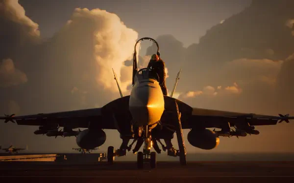 Ace Combat 8 5K Ultra HD PC desktop wallpaper of a military jet fighter on a runway at sunset.