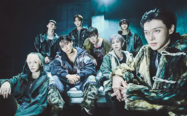 ATEEZ K-pop boy band group portrait in moody teal styling, Golden Hour 4K Ultra HD desktop wallpaper