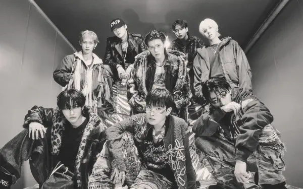 ATEEZ Golden Hour K-pop boy band group portrait in dramatic monochrome, 4K Ultra HD PC desktop wallpaper and background.