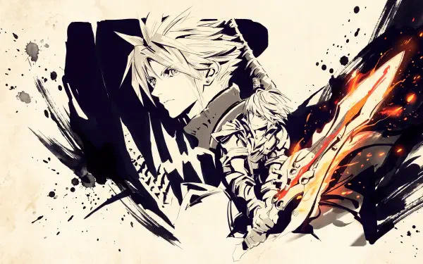 Final Fantasy Resonance anime art featuring Cloud Strife and Rain with a fiery sword, 5K Ultra HD PC desktop wallpaper.