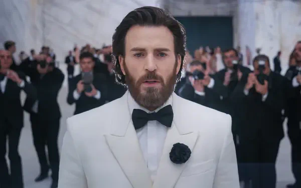 Chris Evans in a white tuxedo and beard at a formal event in Sacrifice (2026), HD PC desktop wallpaper background.