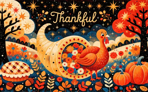Cute Thanksgiving turkey, pumpkins, and autumn florals beneath a “Thankful” message, 4K Ultra HD desktop wallpaper.