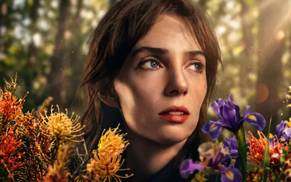 Wiress from The Hunger Games in a flower-filled forest portrait, featured in a 5K Ultra HD PC desktop wallpaper.