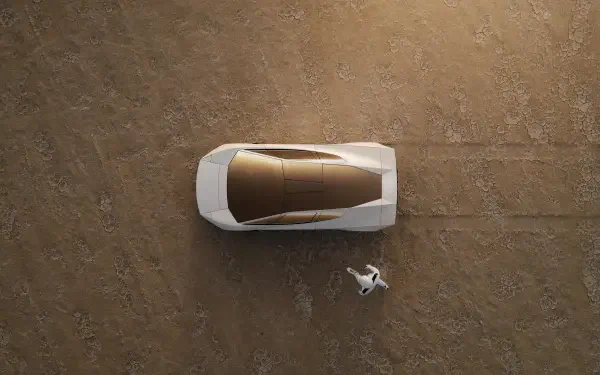 Top-down Tesla Roadster on muddy water beside a small boat, featured in a 2K Quad HD PC desktop wallpaper.