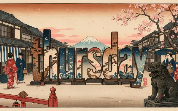 Thursday typography over a Japanese street illustration with Mount Fuji at sunset, 4K Ultra HD desktop wallpaper background.