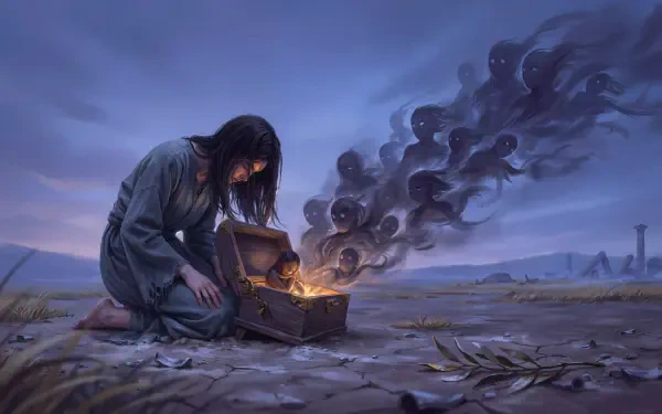 A woman opens Pandora’s treasure chest as dark smoke rises, in a 4K Ultra HD PC desktop wallpaper background.