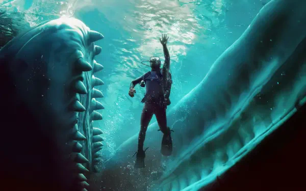 Whalefall (2026) 4K Ultra HD desktop wallpaper of a diver underwater beside a massive shark in glowing blue water.