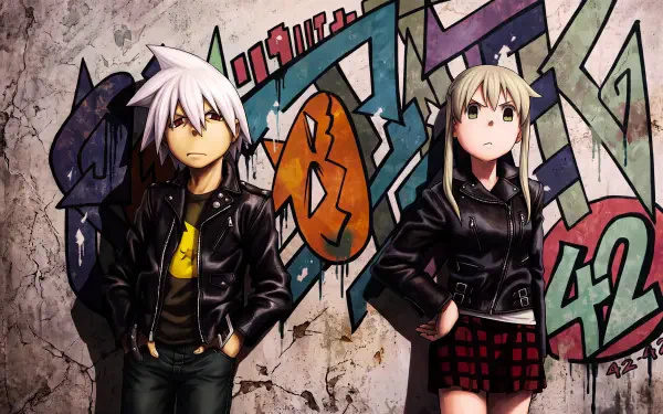 Soul Evans and Maka Albarn in leather jackets against graffiti, featured in a 5K Ultra HD Soul Eater desktop wallpaper background.