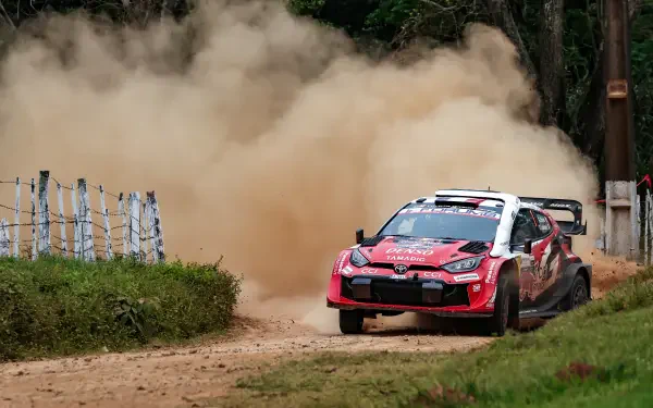 Toyota Gazoo Racing GR Yaris Rally1 kicking up dust on a forest WRC stage, 5K Ultra HD desktop wallpaper
