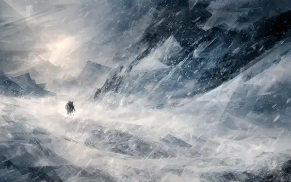 A fierce winter blizzard sweeps across a mountain landscape in this 4K Ultra HD PC desktop wallpaper.