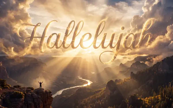 “Hallelujah” over a glowing sunrise above a mountain valley, 5K Ultra HD desktop wallpaper and background.