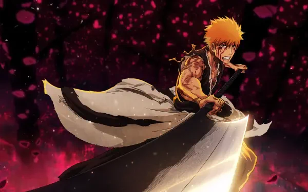 5K Ultra HD PC desktop wallpaper and background featuring an orange-haired anime warrior seated on a giant blade amid swirling crimson petals.