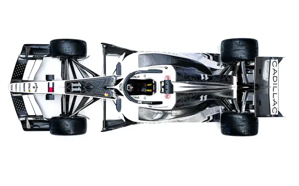 Top-down view of the Cadillac MAC-26 Formula One race car in an 8K Ultra HD desktop wallpaper background.