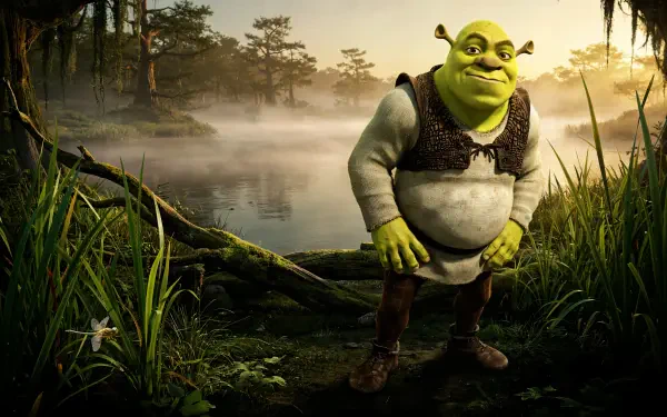 Shrek the ogre stands in a misty swamp, featured in a 4K Ultra HD PC desktop wallpaper.