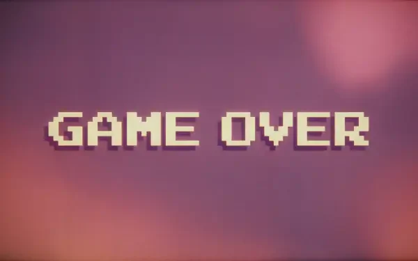 Pixel art “Game Over” video game screen on a glowing pink background, 4K Ultra HD PC desktop wallpaper.