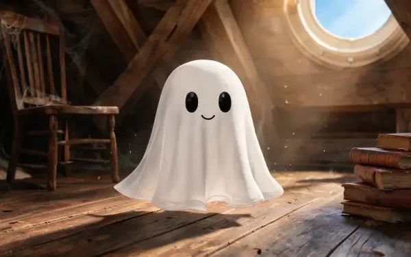 Cute smiling ghost in a sunlit rustic attic, a charming Halloween 4K Ultra HD PC desktop wallpaper and background.
