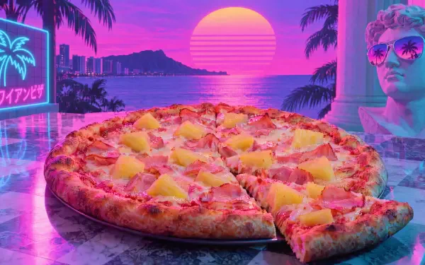 Neon synthwave Hawaiian pizza topped with pineapple against a tropical sunset, 4K Ultra HD PC desktop wallpaper and background.