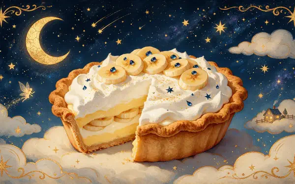 Whimsical banana cream pie with a slice on a starry moonlit sky, 4K Ultra HD PC desktop wallpaper and background.
