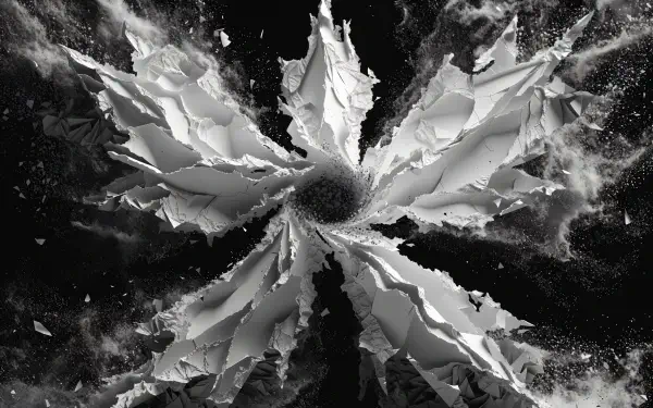 Abstract black-and-white snow angel flower with jagged crystalline petals radiating outward, a 4K Ultra HD PC desktop wallpaper and background.