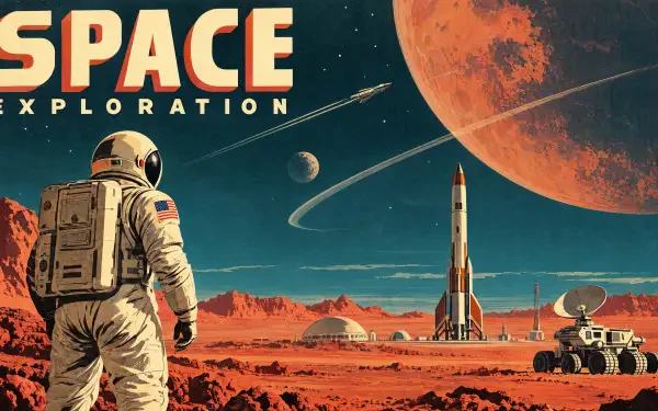 Space exploration 4K Ultra HD PC desktop wallpaper featuring an astronaut on a red planet, with a rocket, distant planets, and cinematic retro lettering.