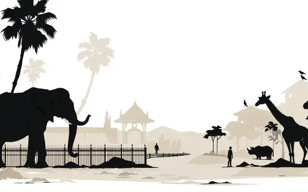 4K Ultra HD PC desktop wallpaper of elephant and giraffe silhouettes at a zoo safari, with palm trees and distant visitors.