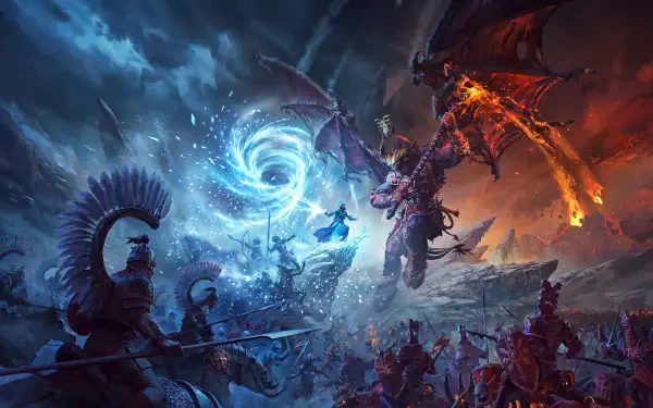 Total War: Warhammer III fantasy battle with a fiery dragon, blue magical vortex, and armies clashing, 5K Ultra HD PC desktop wallpaper and background.