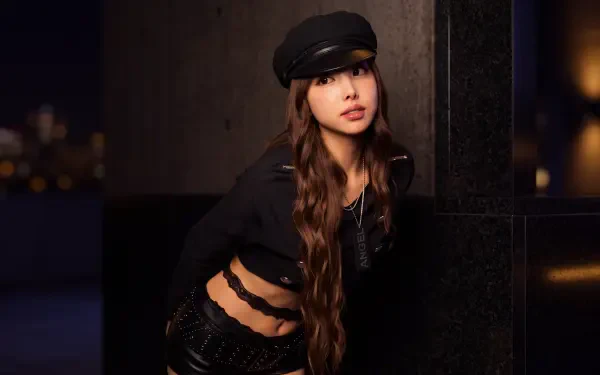 TWICE’s Nayeon, Korean K-pop idol and model, in a black outfit for a 5K Ultra HD PC desktop wallpaper.