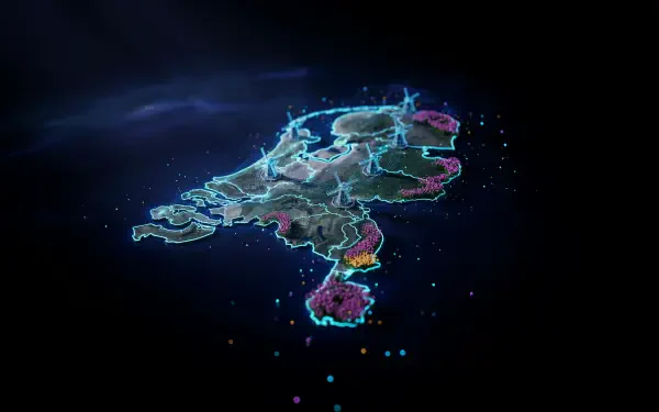 Neon digital map of the Netherlands glowing against a dark background, 4K Ultra HD PC desktop wallpaper.