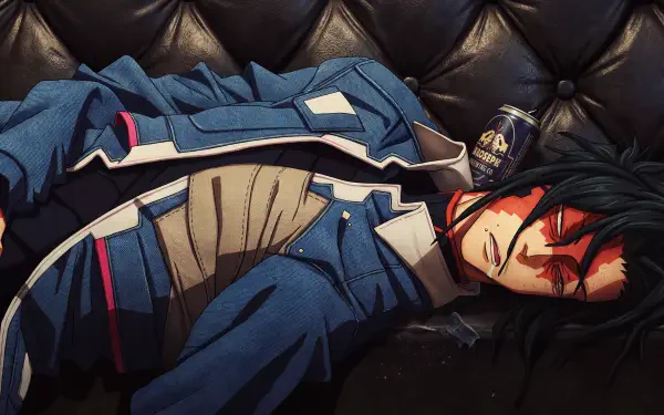 Cyberpunk: Edgerunners 2 anime 5K Ultra HD PC desktop wallpaper of a red-eyed character in a blue jacket reclining against a dark tufted couch.