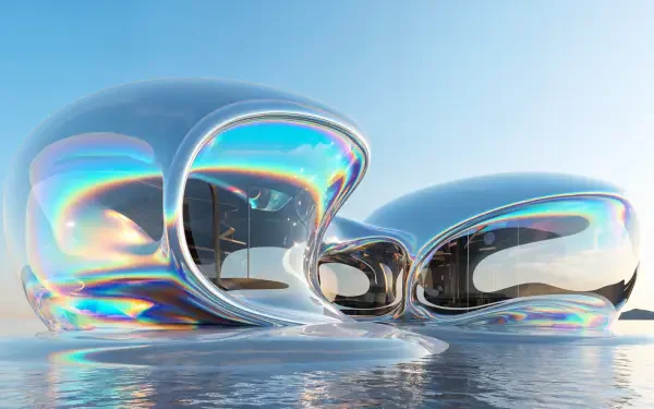 Futuristic glass architecture rising above water, presented as a 4K Ultra HD PC desktop wallpaper and background.