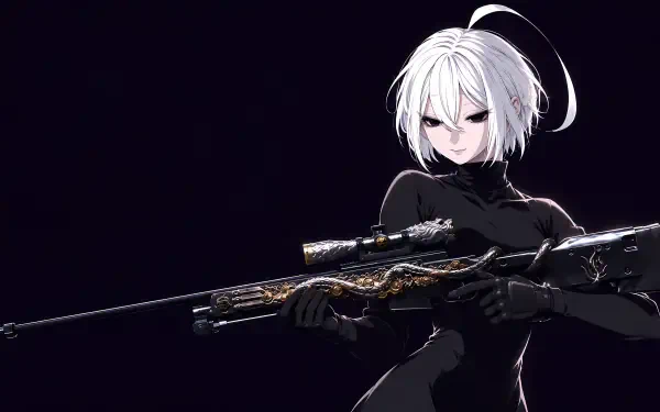 White-haired anime sniper girl holding a rifle against a dark background, 4K Ultra HD PC desktop wallpaper
