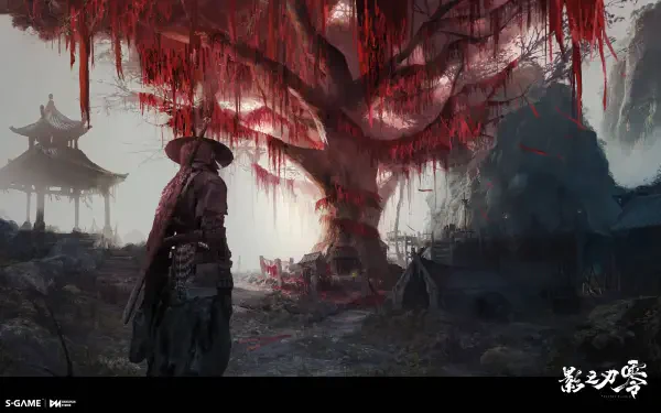 Phantom Blade Zero 5K Ultra HD PC wallpaper featuring a lone warrior beneath a towering crimson tree in a misty temple landscape.