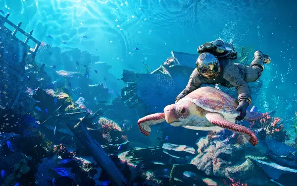 Kliff from Crimson Desert scuba dives beside a sea turtle in a vibrant underwater world, featured in a 4K Ultra HD PC desktop wallpaper.