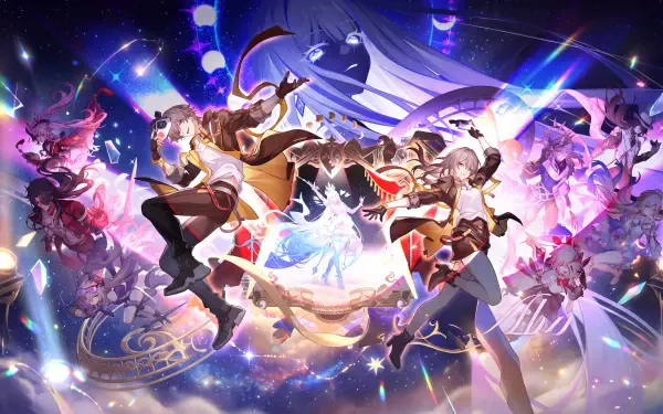 Aha and anime girls from Honkai: Star Rail leap through a glowing cosmic scene in this 5K Ultra HD PC desktop wallpaper.