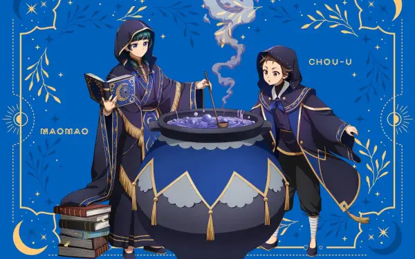 HD anime desktop wallpaper of Maomao and Chou-u from The Apothecary Diaries beside a steaming cauldron, framed by blue-and-gold celestial motifs.