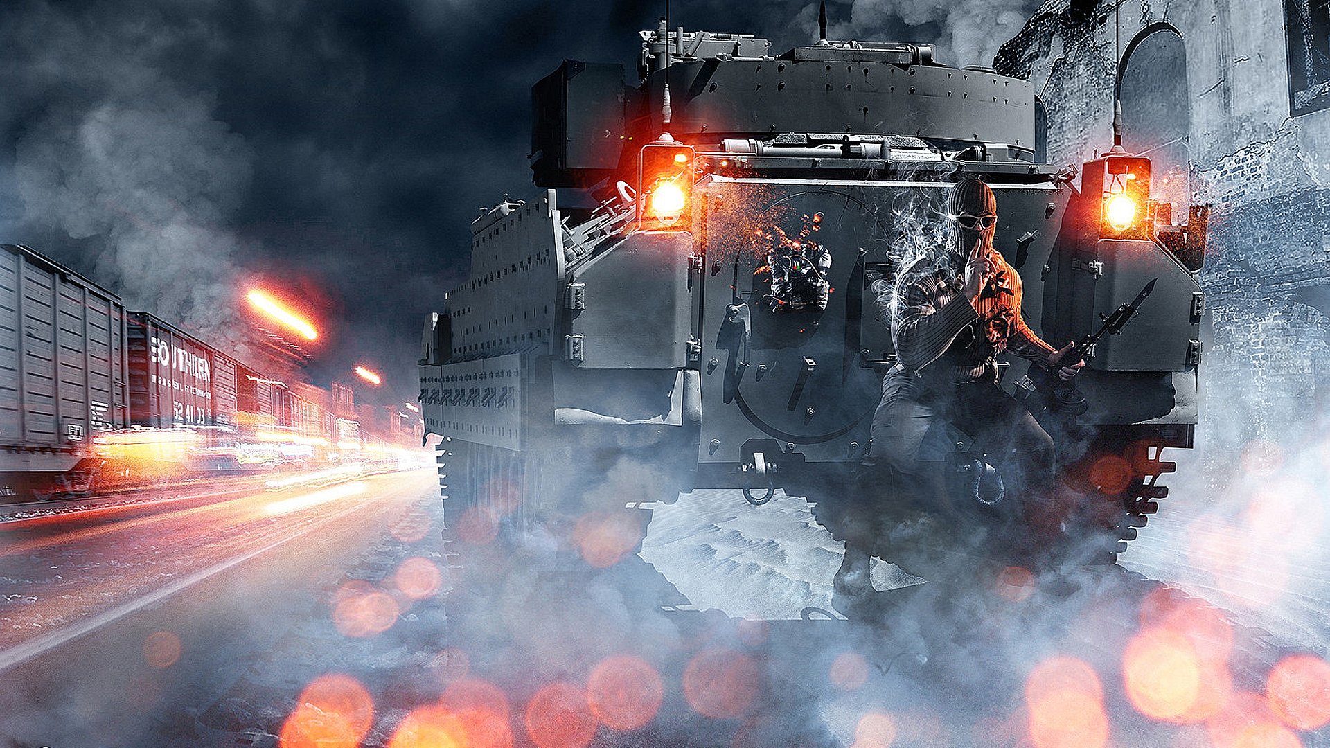 HD PC desktop wallpaper featuring intense combat from the video game Battlefield 3, showcasing a soldier taking cover behind an armored vehicle amidst smoke and gunfire.