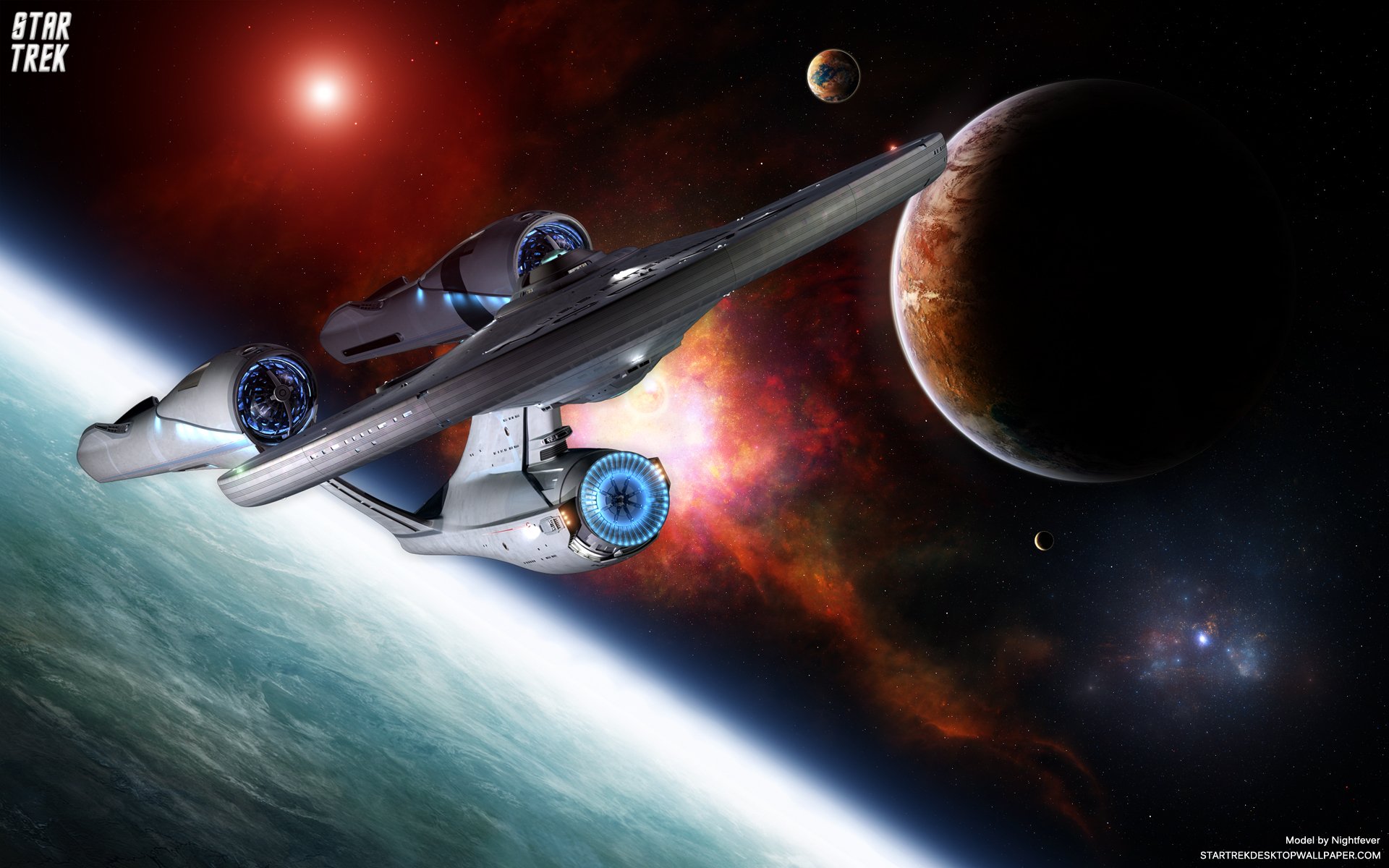 Sci-Fi Star Trek HD PC desktop wallpaper and background: Federation starship gliding over a blue-green planet with moons and a red nebula-lit starfield.