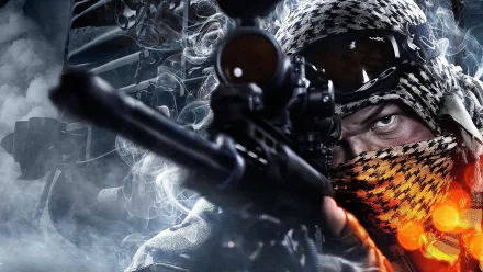 A high-definition desktop wallpaper featuring a soldier from Battlefield 3, poised with a sniper rifle amidst a smoky backdrop, showcasing intense action and focus.