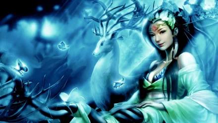 A serene Chinese fantasy scene featuring a woman in elegant winter attire surrounded by glowing butterflies and a majestic snow-white stag in a snowy landscape.