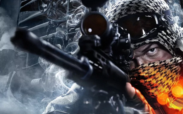 A high-definition desktop wallpaper featuring a soldier from Battlefield 3, poised with a sniper rifle amidst a smoky backdrop, showcasing intense action and focus.