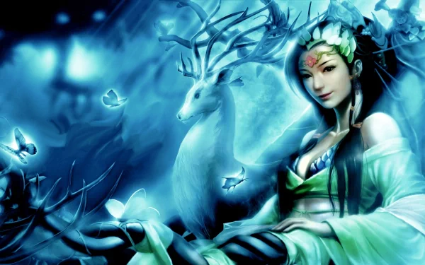 A serene Chinese fantasy scene featuring a woman in elegant winter attire surrounded by glowing butterflies and a majestic snow-white stag in a snowy landscape.